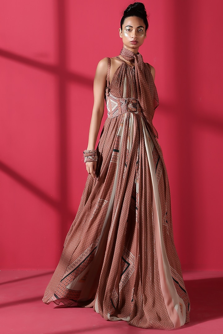 Terracotta Red Maxi Cocktail Dress With Scarf by Nikita Mhaisalkar at Pernia's Pop Up Shop