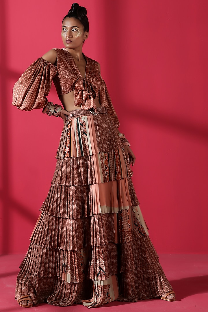 Terracotta Red Printed Skirt Set by Nikita Mhaisalkar