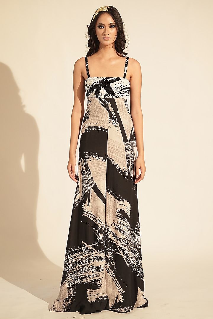 Black & White Georgette Printed Jumpsuit by Nikita Mhaisalkar