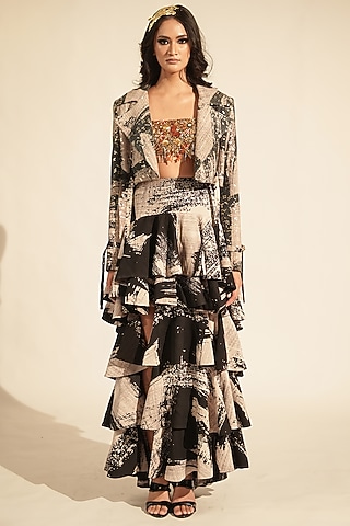 Black & White Georgette Printed Bomber Jacket by Nikita Mhaisalkar