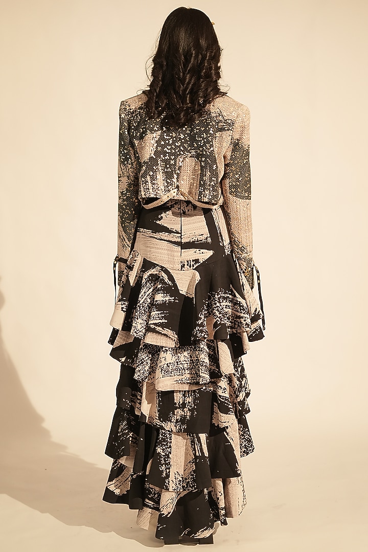 Black & White Georgette Printed Bomber Jacket by Nikita Mhaisalkar at Pernia's Pop Up Shop