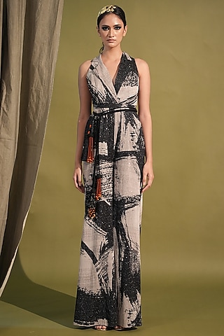 Black & White Sequins Georgette Printed Jumpsuit Saree by Nikita Mhaisalkar