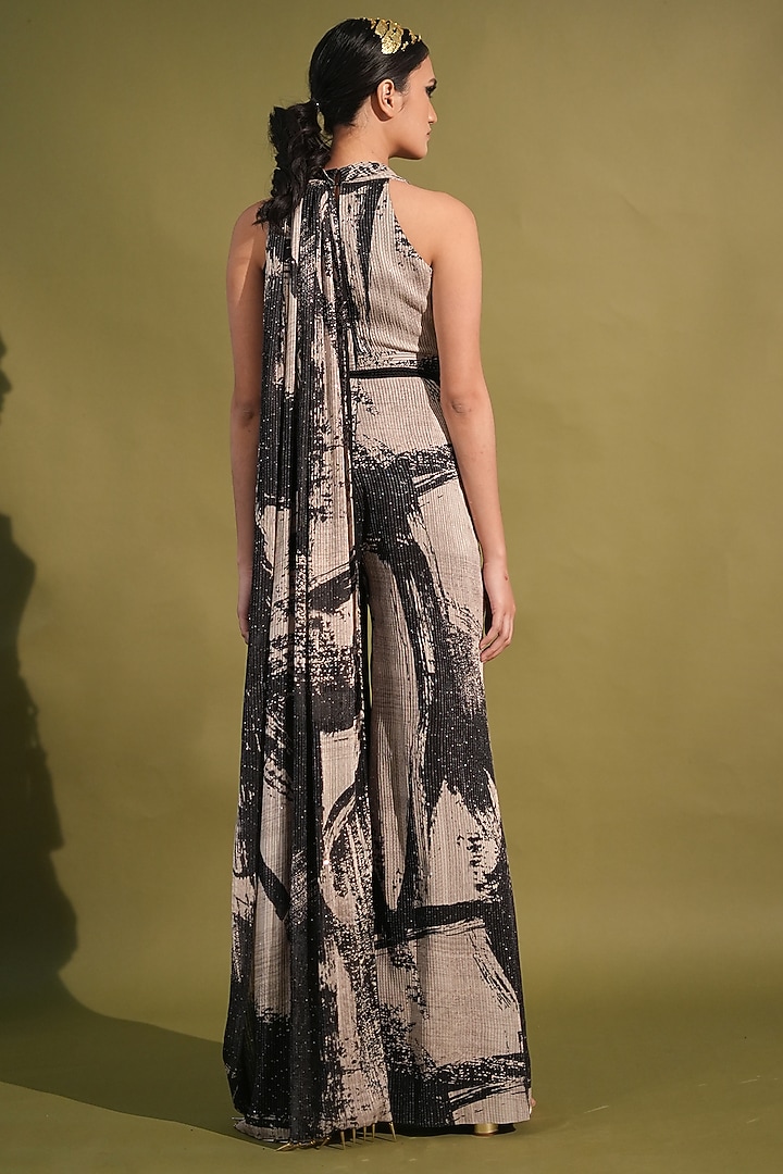 Black & White Sequins Georgette Printed Jumpsuit Wedding Saree by Nikita Mhaisalkar at Pernia's Pop Up Shop