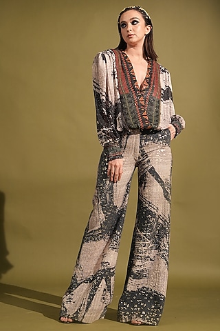 Black & White Sequins Georgette Printed Top by Nikita Mhaisalkar