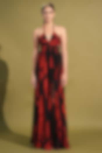 Red & Black Chiffon Printed Maxi Dress by Nikita Mhaisalkar