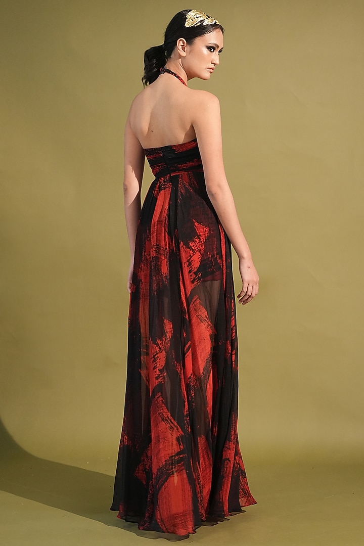 Red & Black Chiffon Printed Maxi Cocktail Dress by Nikita Mhaisalkar at Pernia's Pop Up Shop