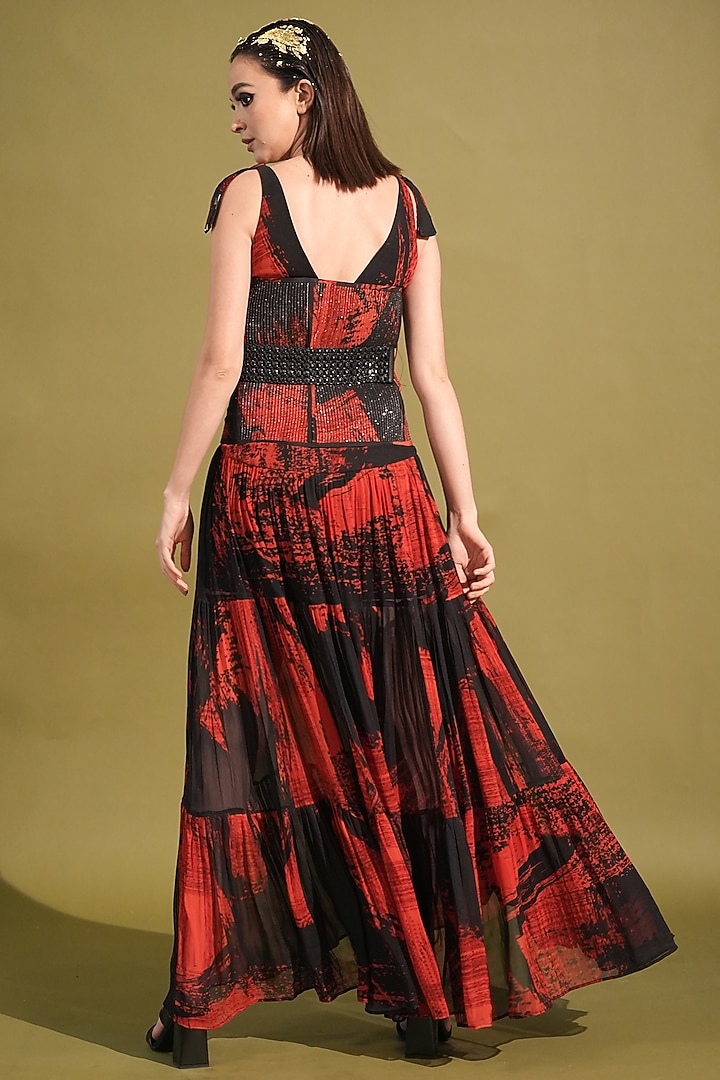 Red & Black Georgette Corset With Belt by Nikita Mhaisalkar at Pernia's Pop Up Shop