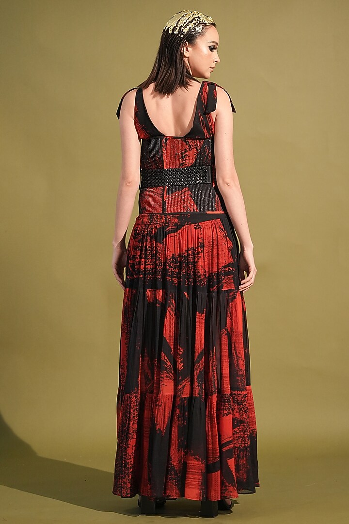 Red & Black Georgette Printed Maxi Cocktail Dress by Nikita Mhaisalkar at Pernia's Pop Up Shop