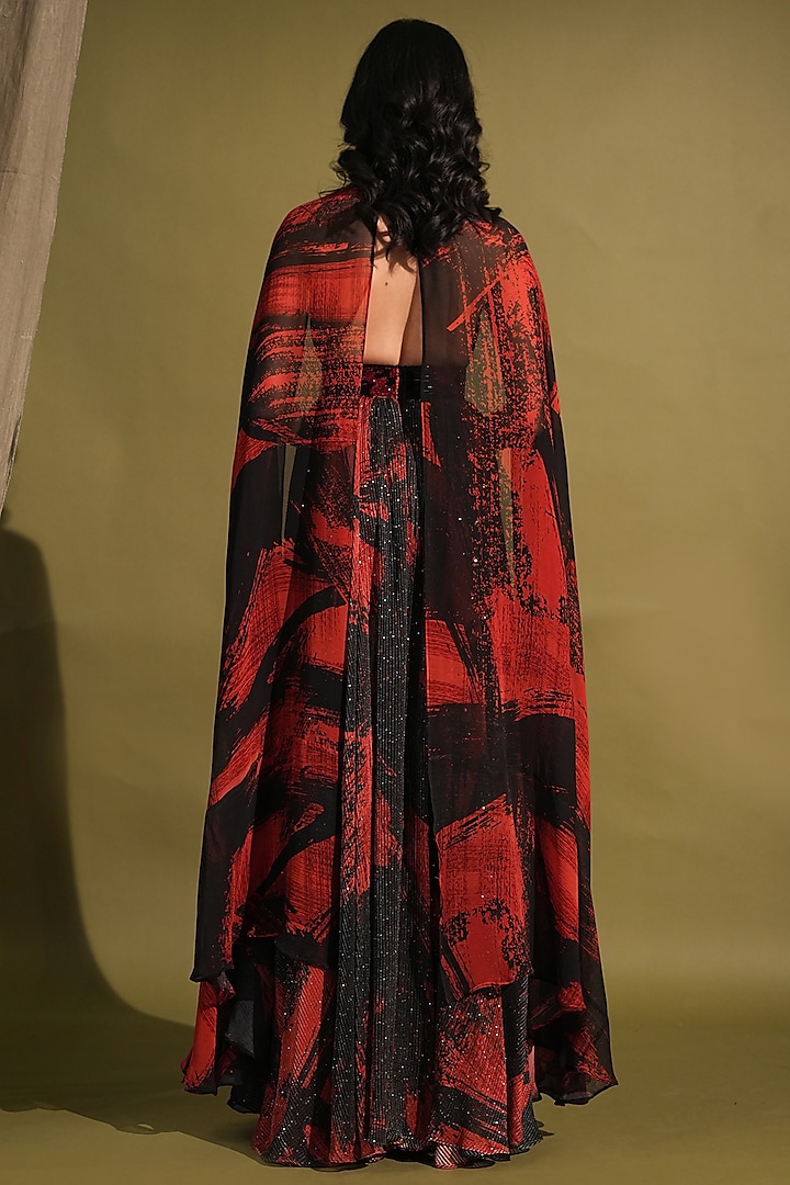 Red & Black Georgette Printed Maxi Party Wear Dress by Nikita Mhaisalkar at Pernia's Pop Up Shop