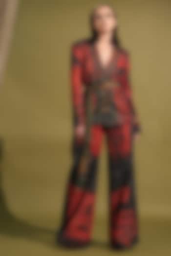 Red & Black Sequins Georgette Printed Pant Suit Set by Nikita Mhaisalkar