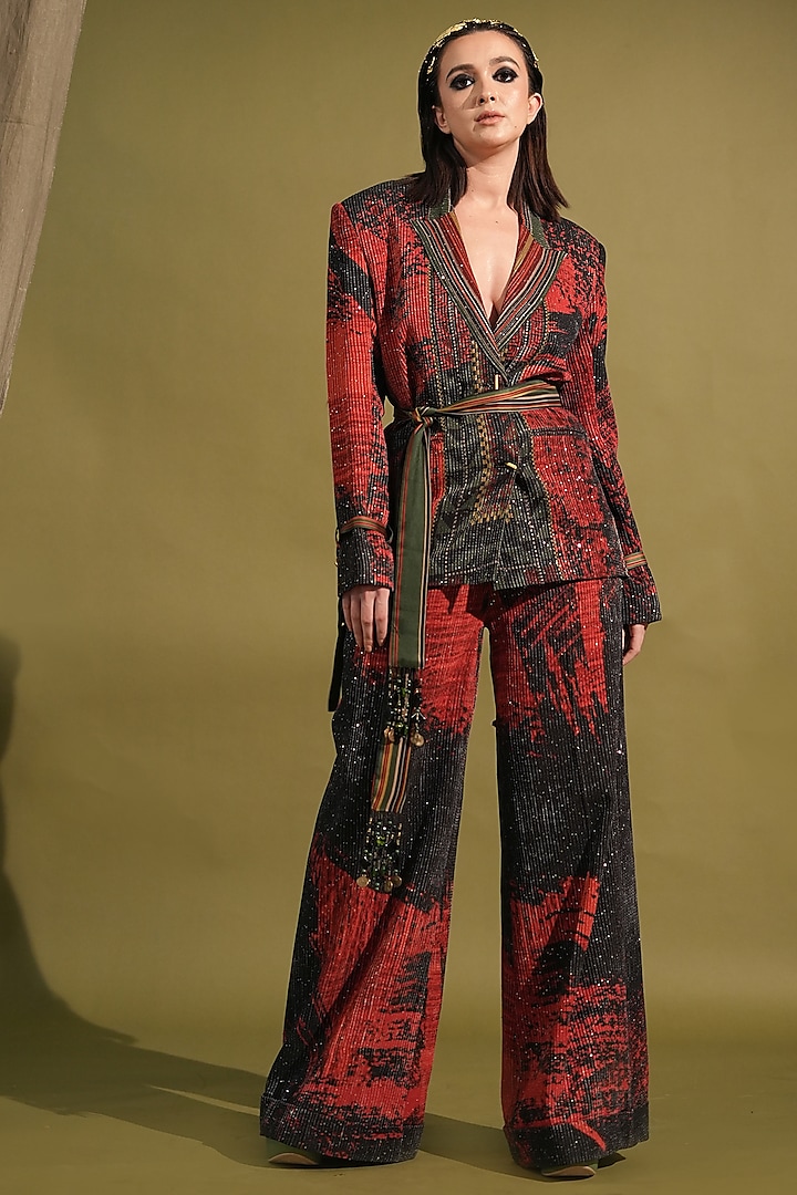 Red & Black Sequins Georgette Printed Pant Suit Set by Nikita Mhaisalkar at Pernia's Pop Up Shop