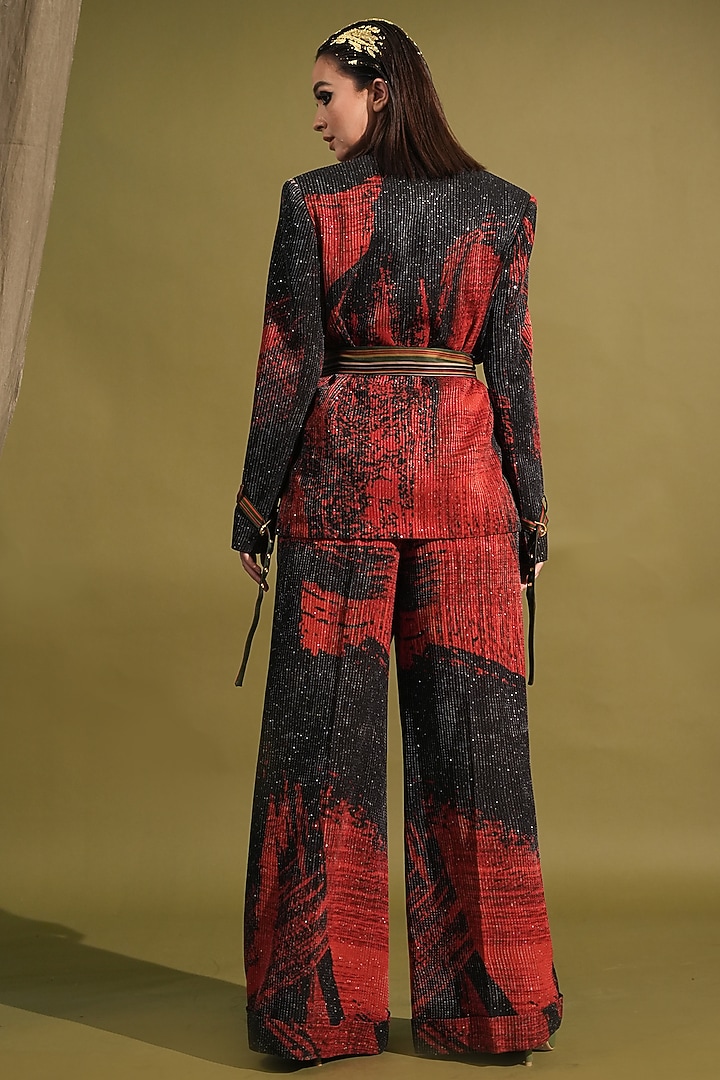 Red & Black Sequins Georgette Printed Pant Suit Set by Nikita Mhaisalkar at Pernia's Pop Up Shop