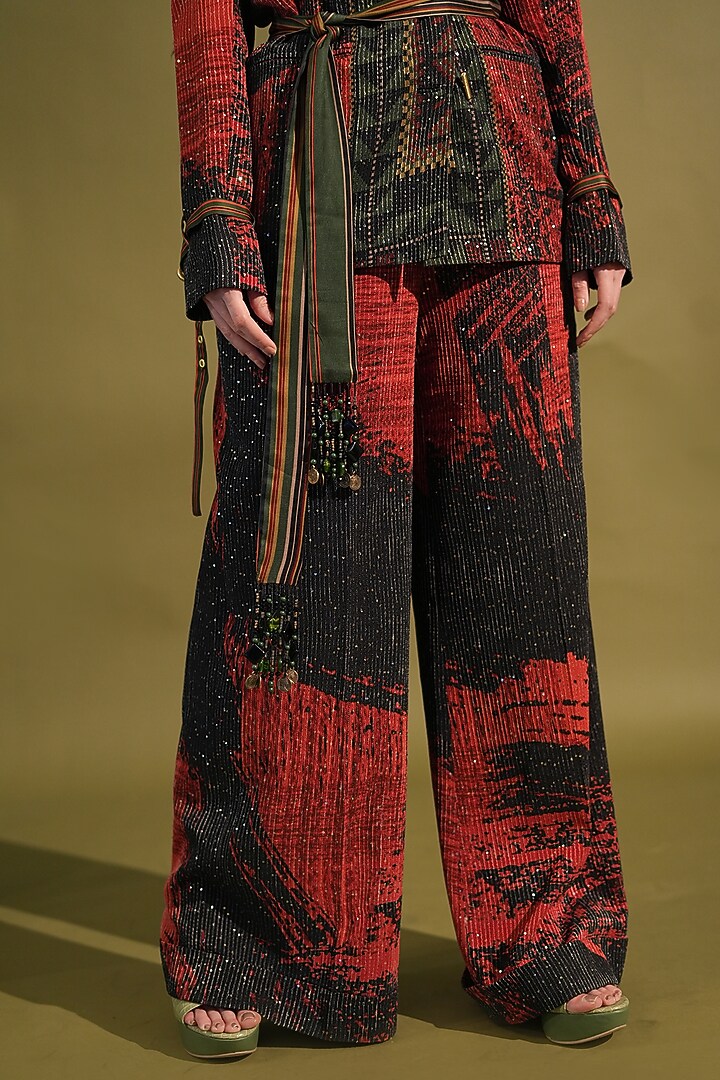 Red & Black Sequins Georgette Printed Pant Suit Set by Nikita Mhaisalkar at Pernia's Pop Up Shop