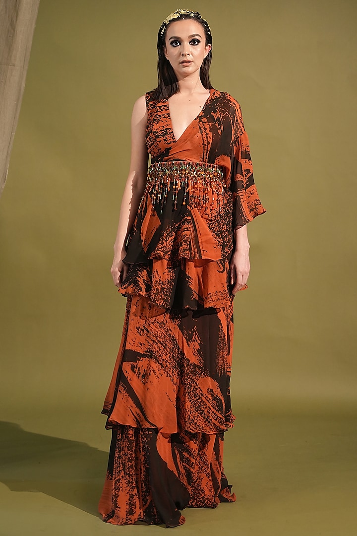 Orange & Black Georgette Strokes Printed Saree Set by Nikita Mhaisalkar at Pernia's Pop Up Shop