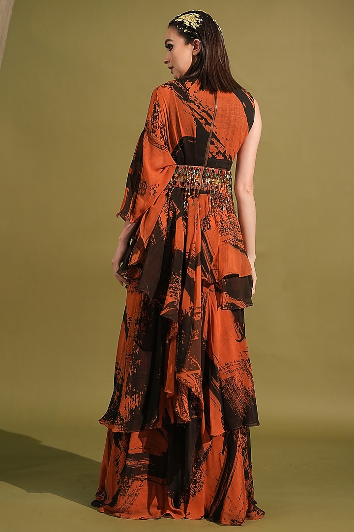 Orange & Black Georgette Strokes Printed Reception Saree Set by Nikita Mhaisalkar at Pernia's Pop Up Shop