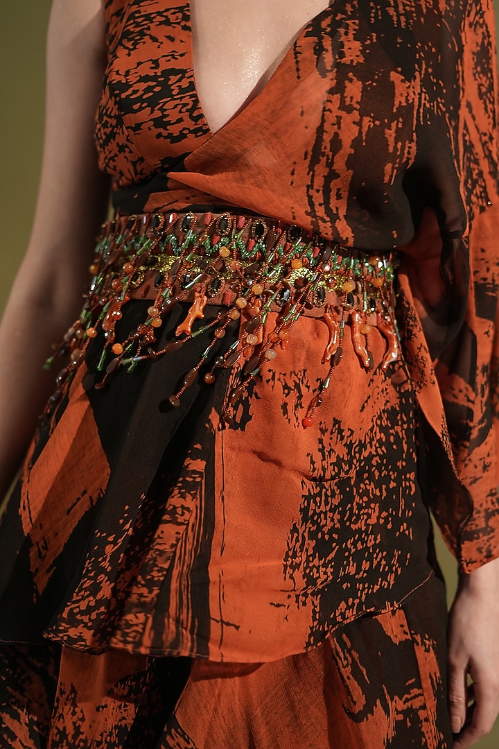 Orange & Black Georgette Strokes Printed Reception Saree Set by Nikita Mhaisalkar at Pernia's Pop Up Shop