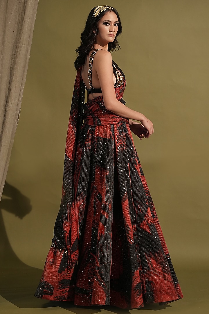Red & Black Sequins Georgette Printed Wedding Lehenga Set by Nikita Mhaisalkar at Pernia's Pop Up Shop