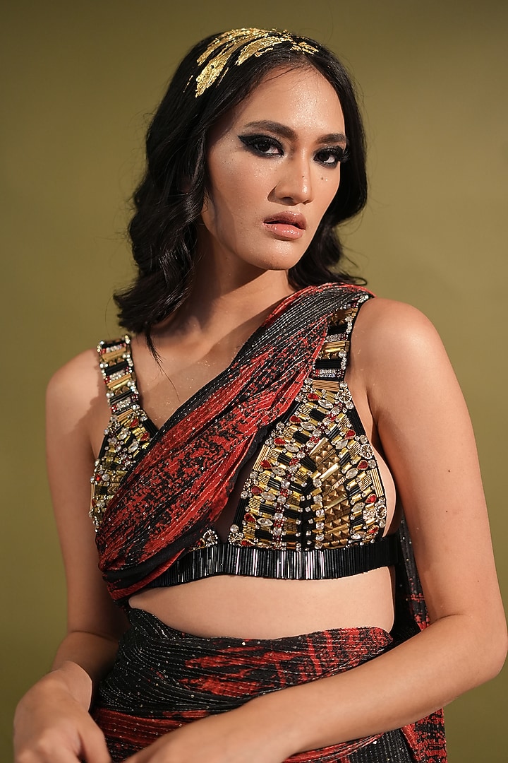 Red & Black Sequins Georgette Printed Wedding Lehenga Set by Nikita Mhaisalkar at Pernia's Pop Up Shop