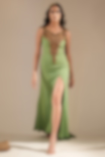 Jade Green Suiting Embellished Maxi Dress by Nikita Mhaisalkar at Pernia's Pop Up Shop