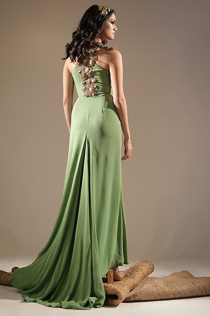 Jade Green Suiting Embellished Maxi Party Wear Dress by Nikita Mhaisalkar at Pernia's Pop Up Shop