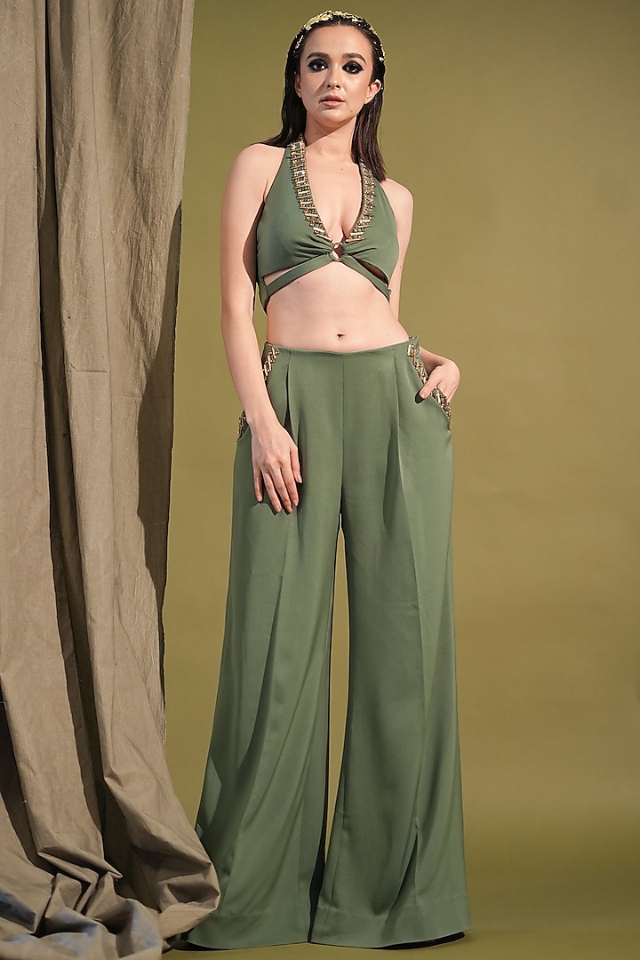 Dark Jade Lurex Suiting Embellished Co-Ord Set by Nikita Mhaisalkar