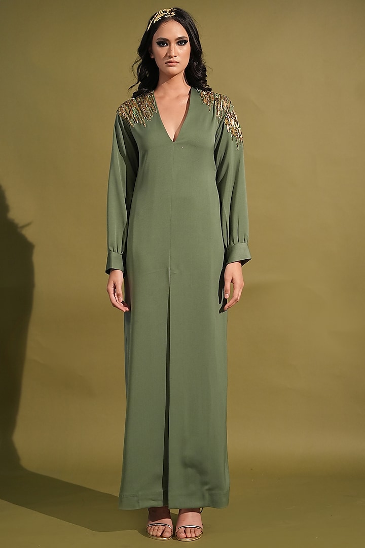 Dark Jade Lurex Suiting Embellished Dress by Nikita Mhaisalkar