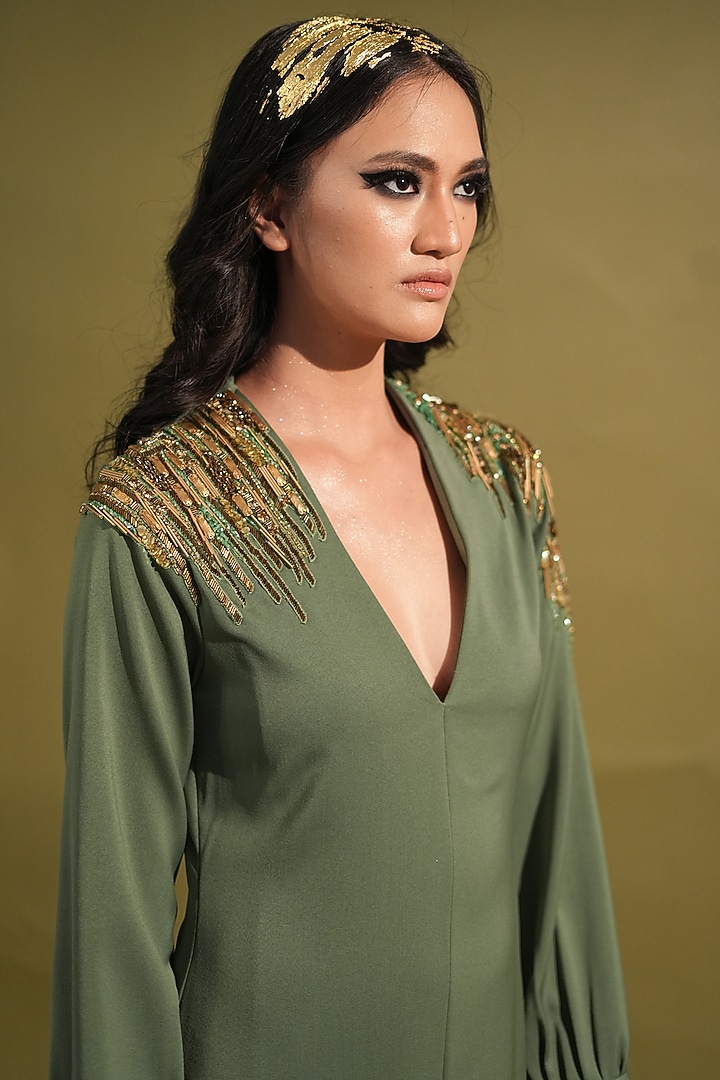 Dark Jade Lurex Suiting Embellished Cocktail Dress by Nikita Mhaisalkar at Pernia's Pop Up Shop