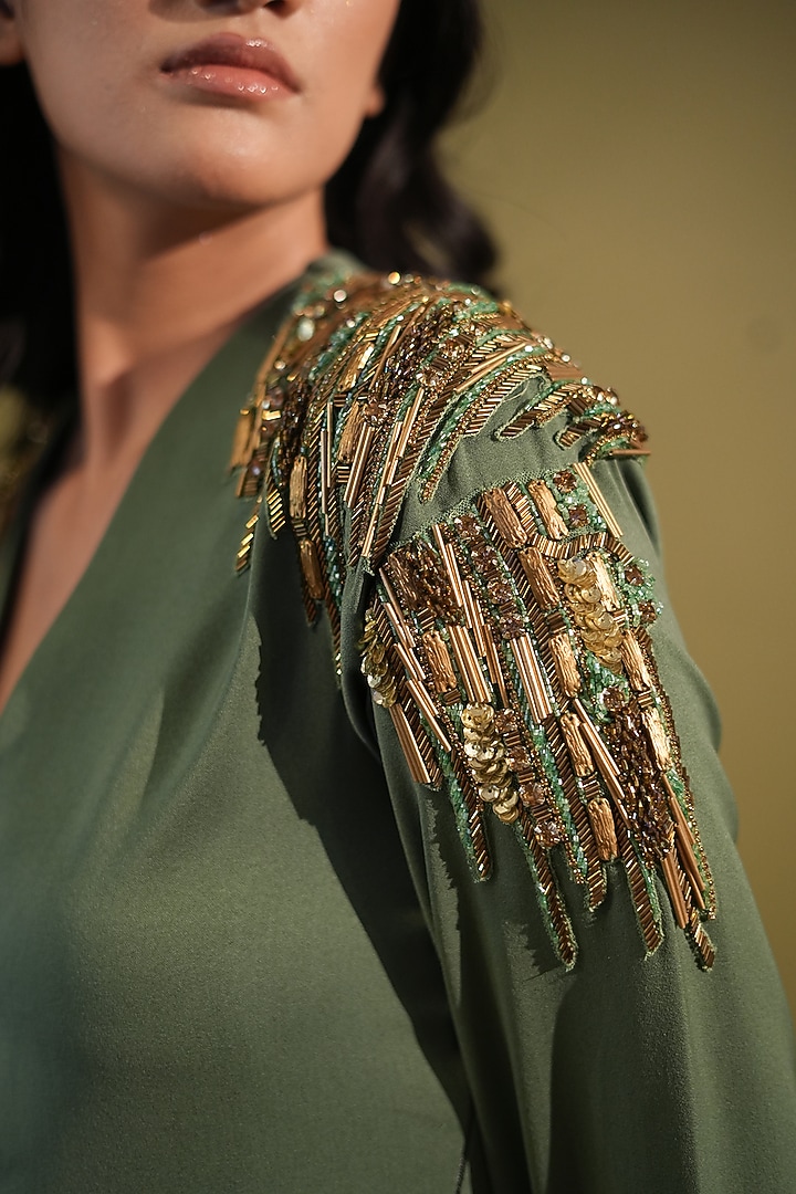 Dark Jade Lurex Suiting Embellished Cocktail Dress by Nikita Mhaisalkar at Pernia's Pop Up Shop