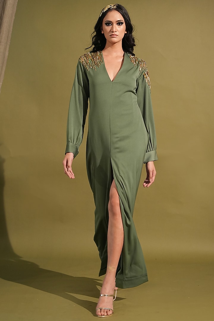 Dark Jade Lurex Suiting Embellished Cocktail Dress by Nikita Mhaisalkar at Pernia's Pop Up Shop
