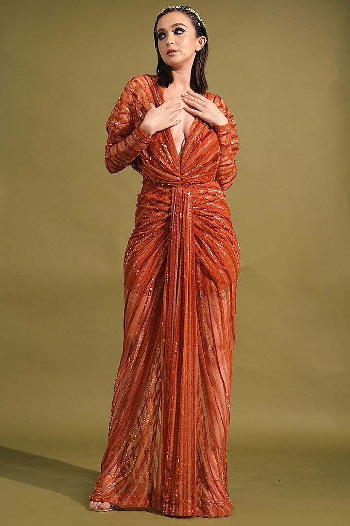 Tangerine Tulle Embellished Draped Maxi Dress by Nikita Mhaisalkar