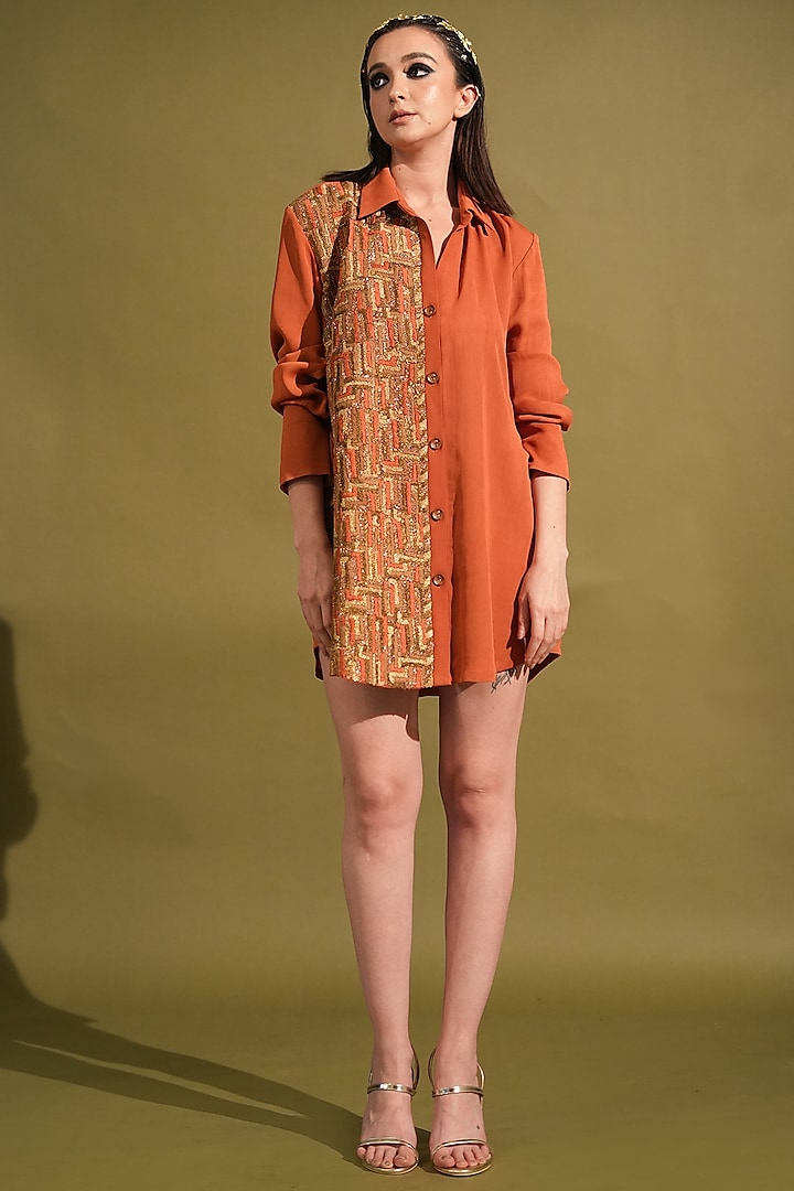 Tangerine Double Georgette Embellished Short Dress by Nikita Mhaisalkar at Pernia's Pop Up Shop