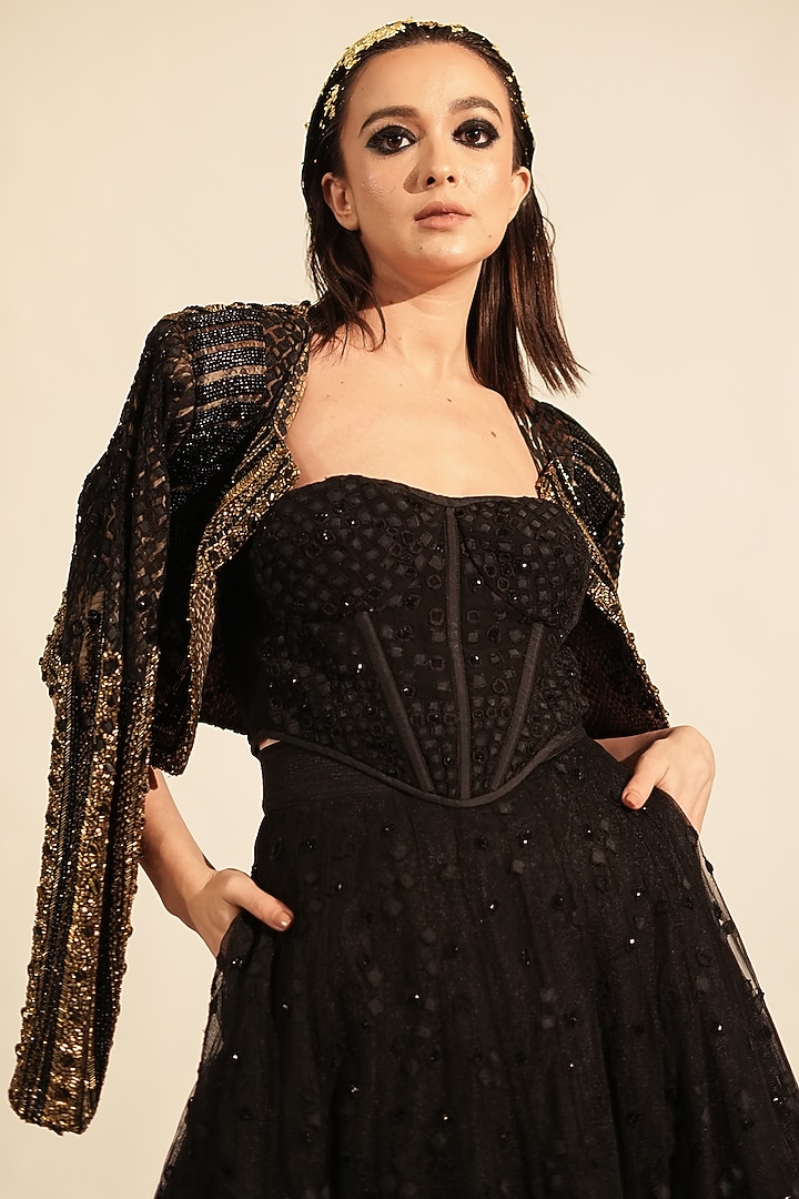 Black Tulle Embellished Jacket by Nikita Mhaisalkar at Pernia's Pop Up Shop