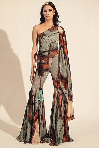 Multi-Colored Pure Georgette Printed Jumpsuit by Nikita Mhaisalkar