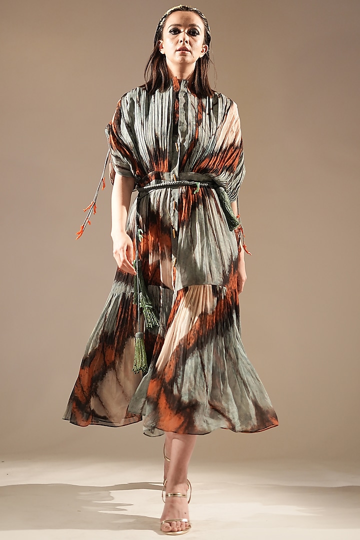 Multi-Colored Pure Georgette Printed Pleated Midi Dress by Nikita Mhaisalkar