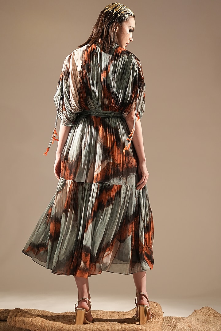 Multi-Colored Pure Georgette Printed Pleated Midi Cocktail Dress by Nikita Mhaisalkar at Pernia's Pop Up Shop