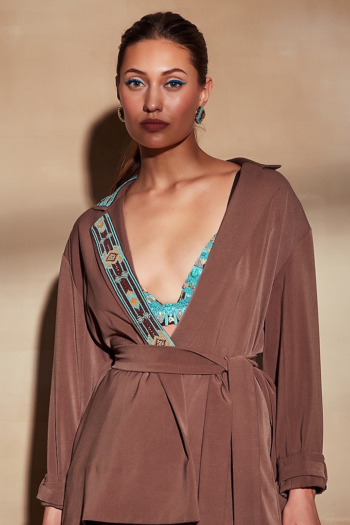 Tan Embroidered Jacket by Nikita Mhaisalkar at Pernia's Pop Up Shop