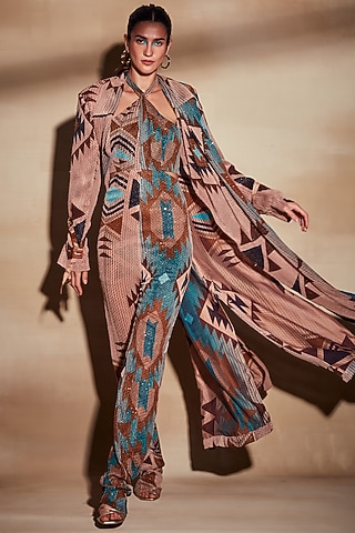 Turquoise Tapis Georgette Trench Coat by Nikita Mhaisalkar