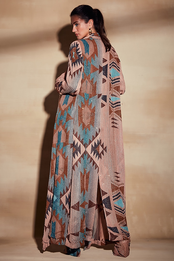 Turquoise Tapis Georgette Trench Coat by Nikita Mhaisalkar at Pernia's Pop Up Shop