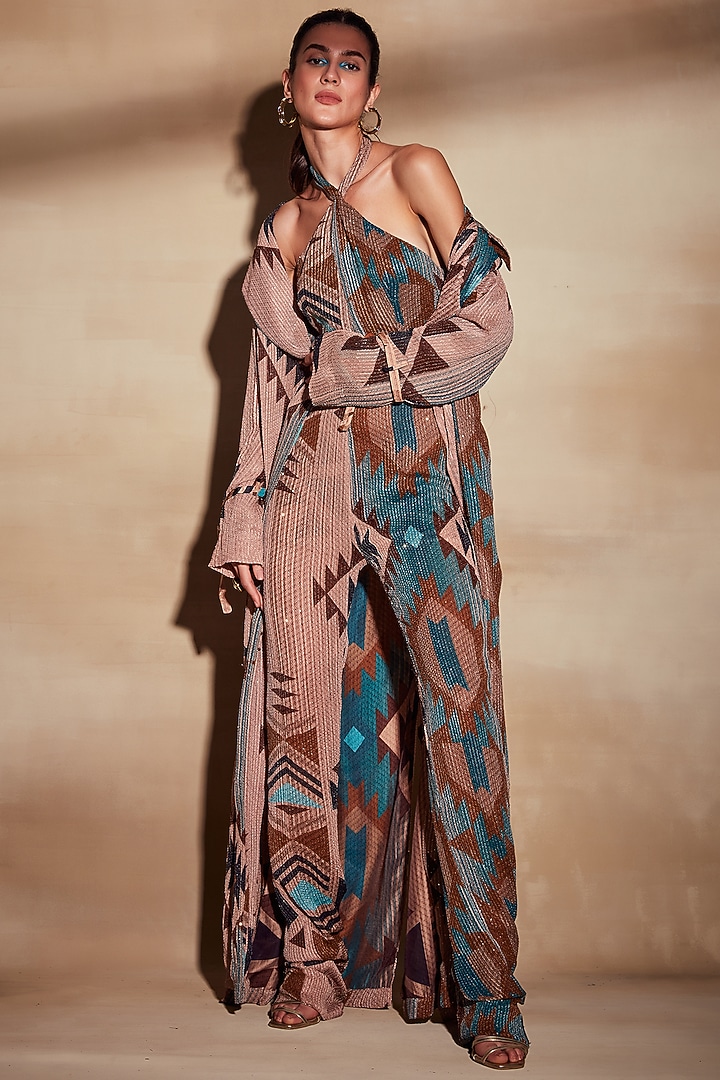 Turquoise Tapis Georgette Trench Coat by Nikita Mhaisalkar at Pernia's Pop Up Shop