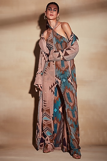 Turquoise Tapis Georgette Jumpuit by Nikita Mhaisalkar at Pernia's Pop Up Shop