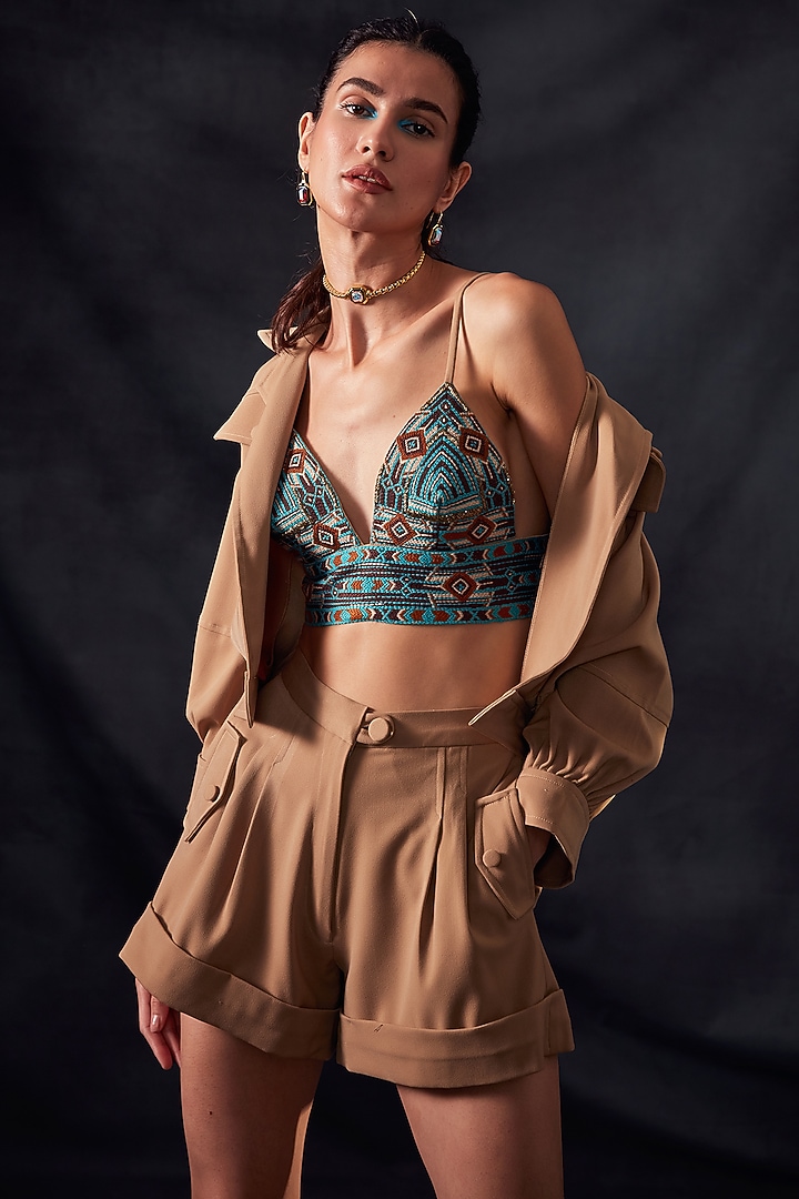 Tan Bralette With Threadwork by Nikita Mhaisalkar at Pernia's Pop Up Shop