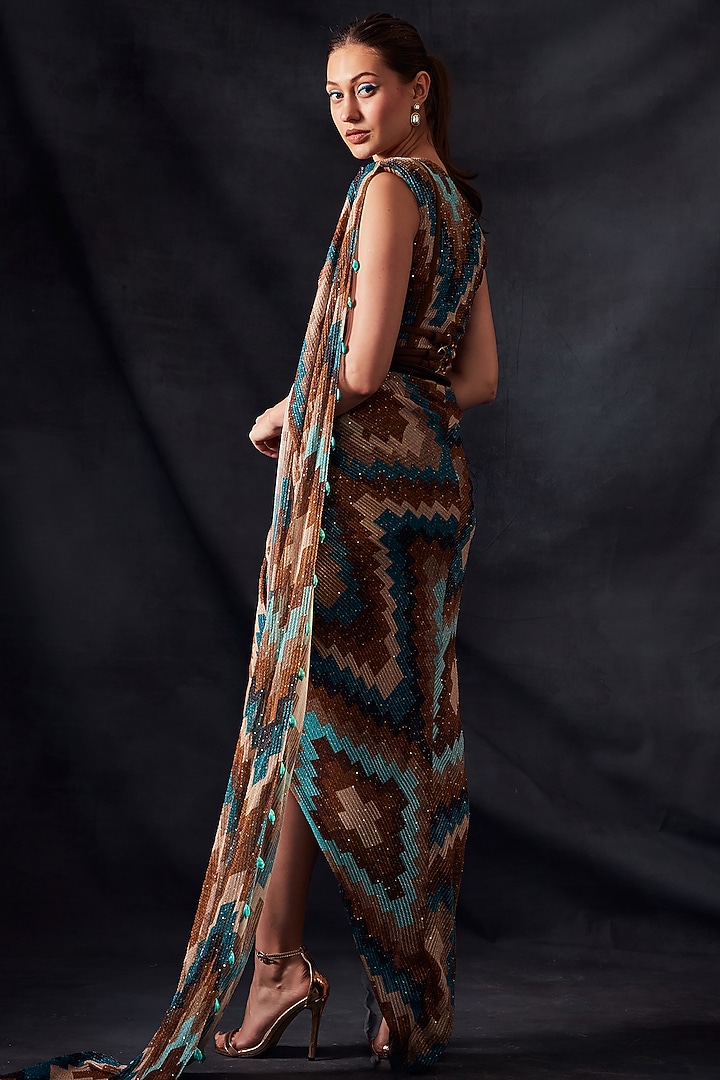 Turquoise Printed Draped Wedding Saree by Nikita Mhaisalkar at Pernia's Pop Up Shop