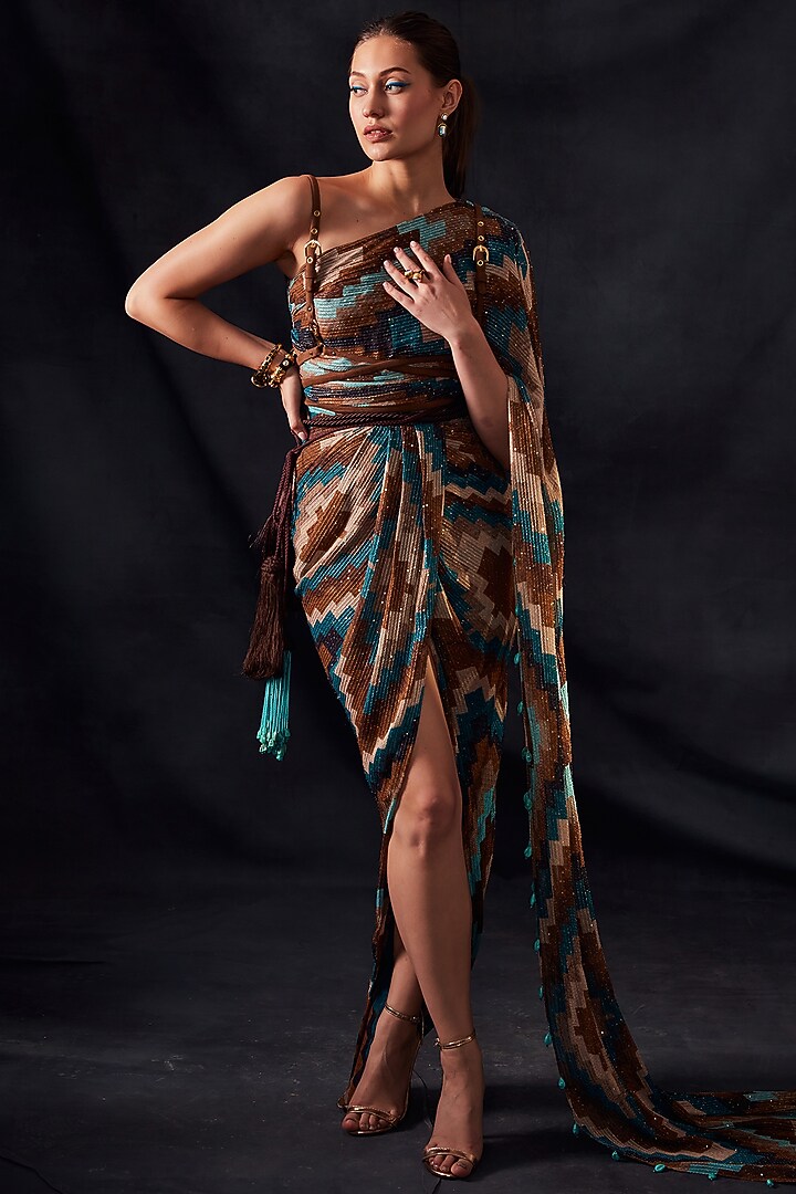 Turquoise Printed Draped Wedding Saree by Nikita Mhaisalkar at Pernia's Pop Up Shop