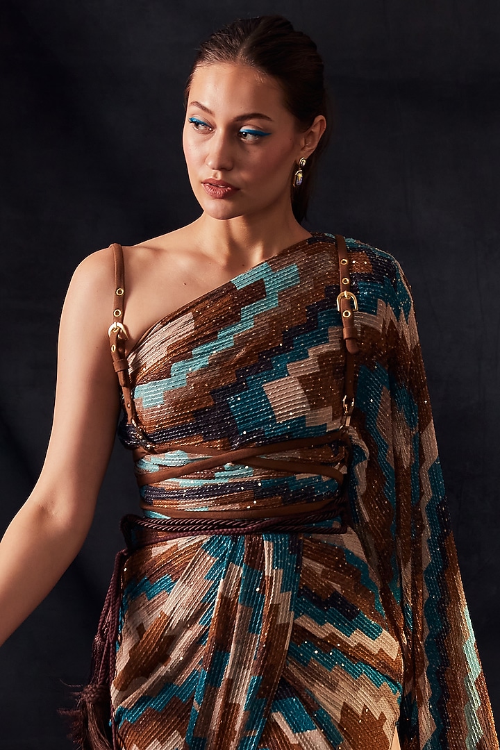 Turquoise Printed Draped Wedding Saree by Nikita Mhaisalkar at Pernia's Pop Up Shop