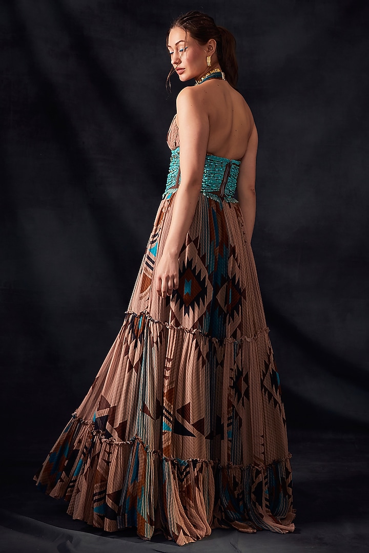 Turquoise Tapis Printed Maxi Party Wear Dress by Nikita Mhaisalkar at Pernia's Pop Up Shop