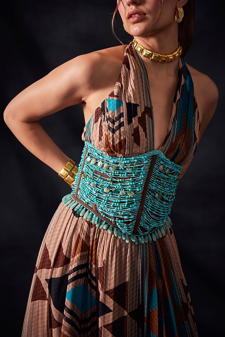 Turquoise Embroidered Corset by Nikita Mhaisalkar at Pernia's Pop Up Shop