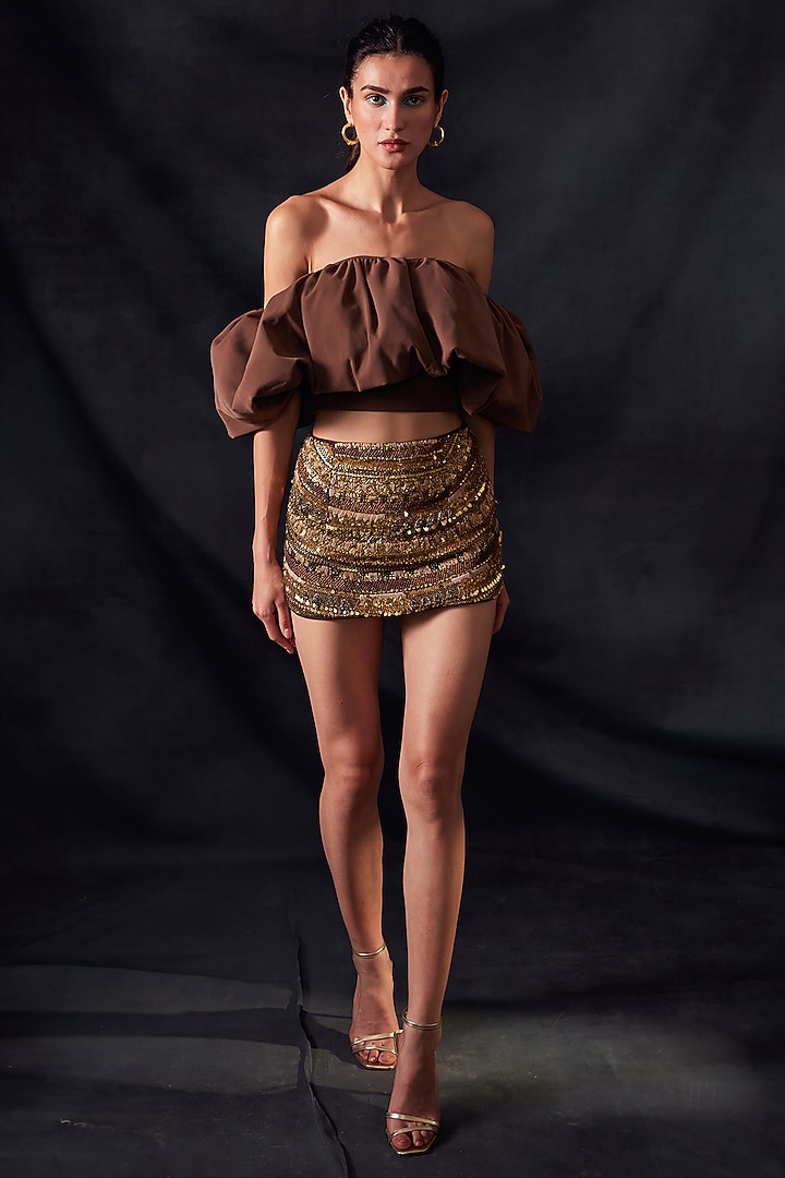 Dark Tan Off-Shoulder Top by Nikita Mhaisalkar at Pernia's Pop Up Shop