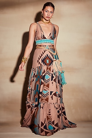 Turquoise Printed Skirt by Nikita Mhaisalkar