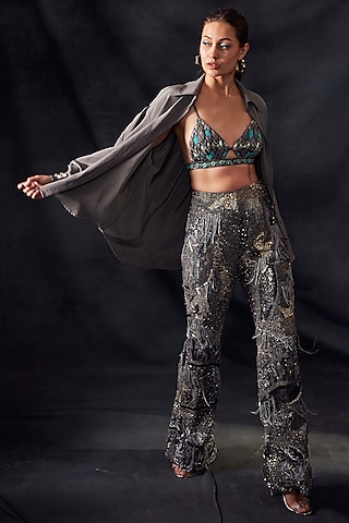 Grey Embroidered Pants by Nikita Mhaisalkar