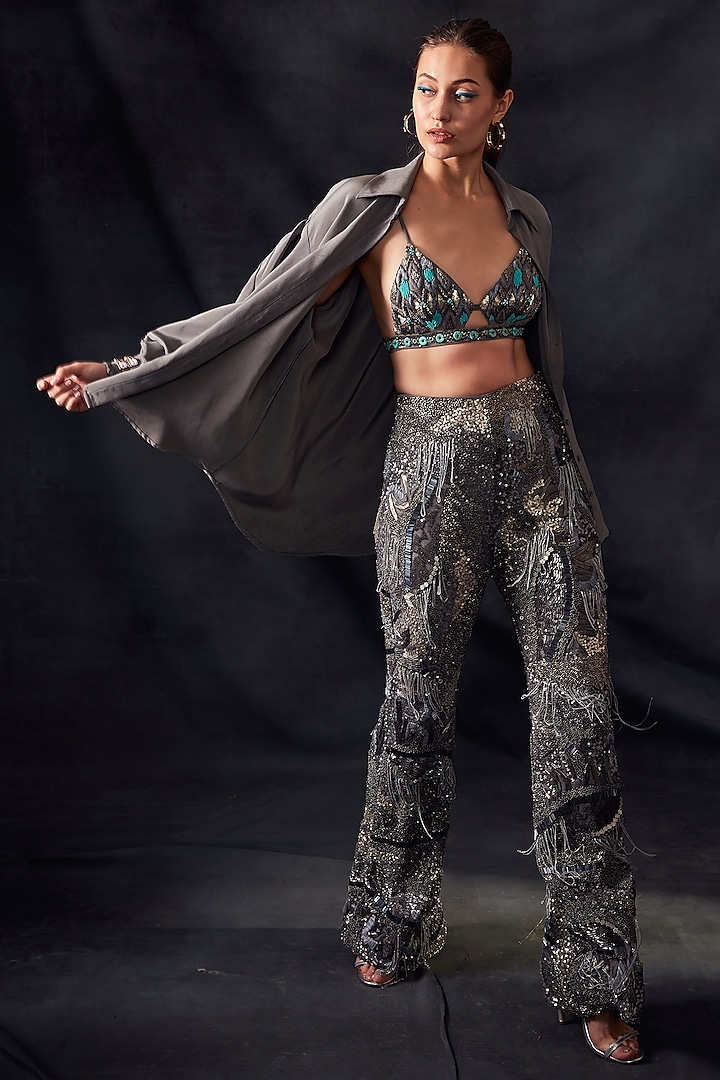 Grey Embroidered Bralette by Nikita Mhaisalkar at Pernia's Pop Up Shop